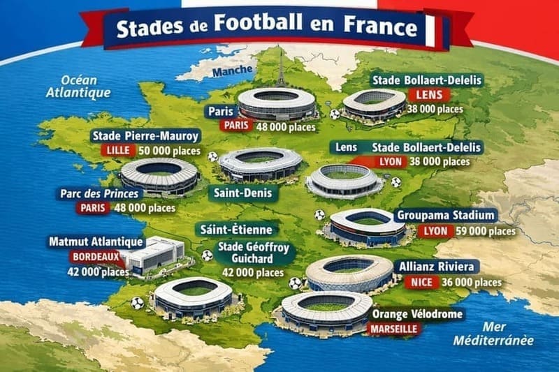 Carte des stades en France pour la Coupe du Monde de la FIFA 26